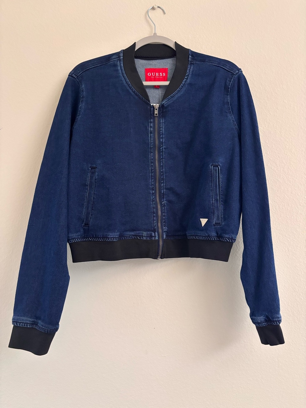 GUESS Navy Denim Bomber Jacket - Women's L NWT